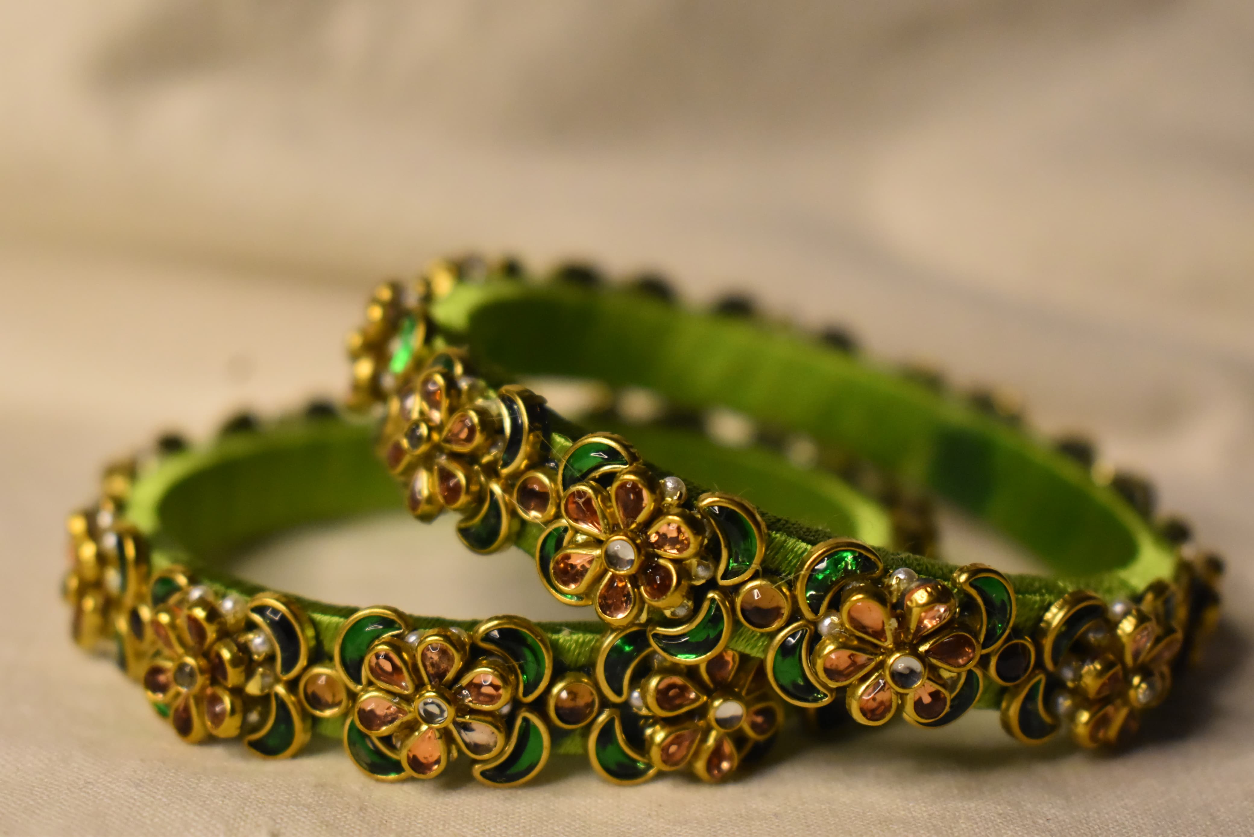 Green floral handmade festival bangle set by Neevijas