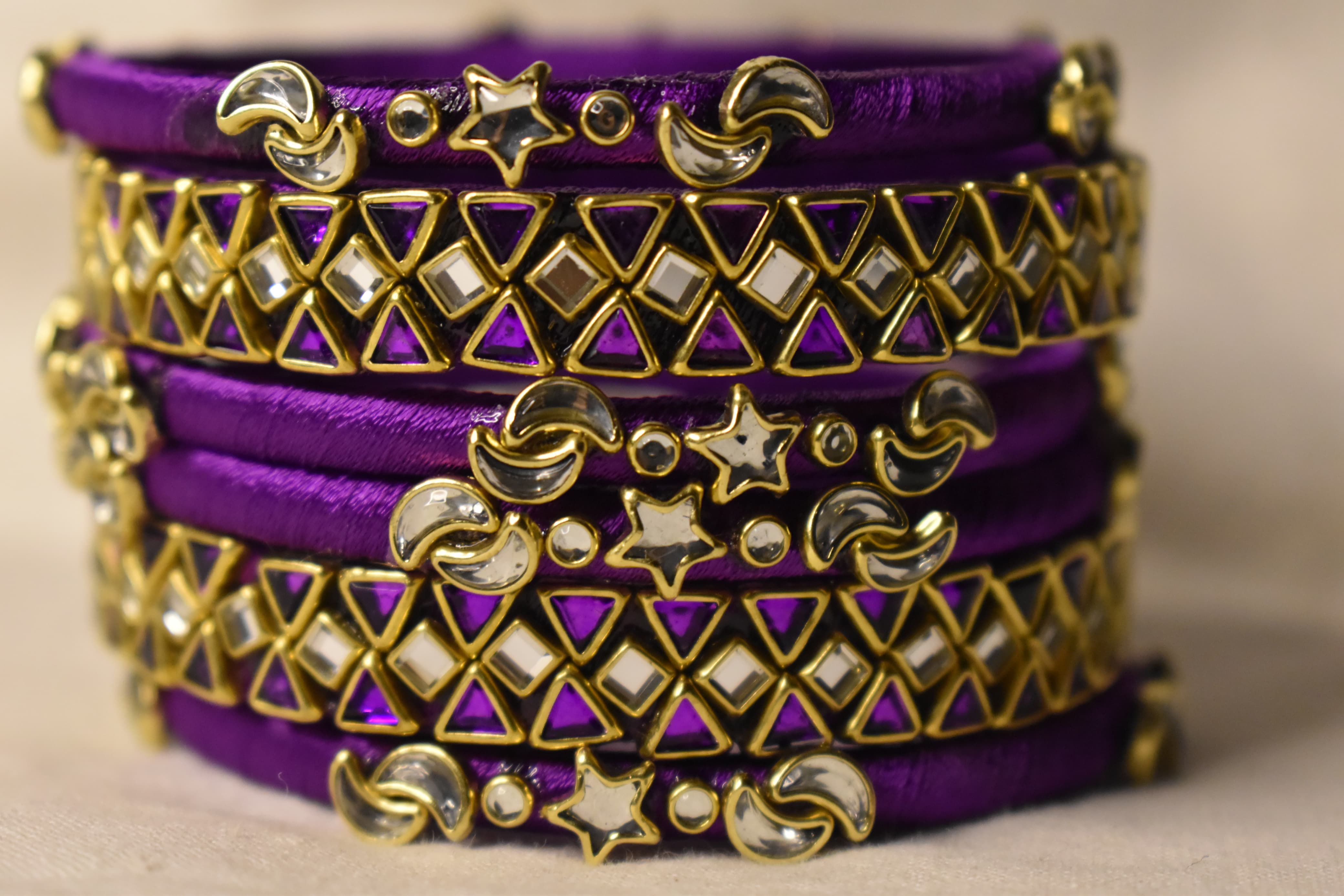 Purple geometric silk thread handmade bangles by Neevijas